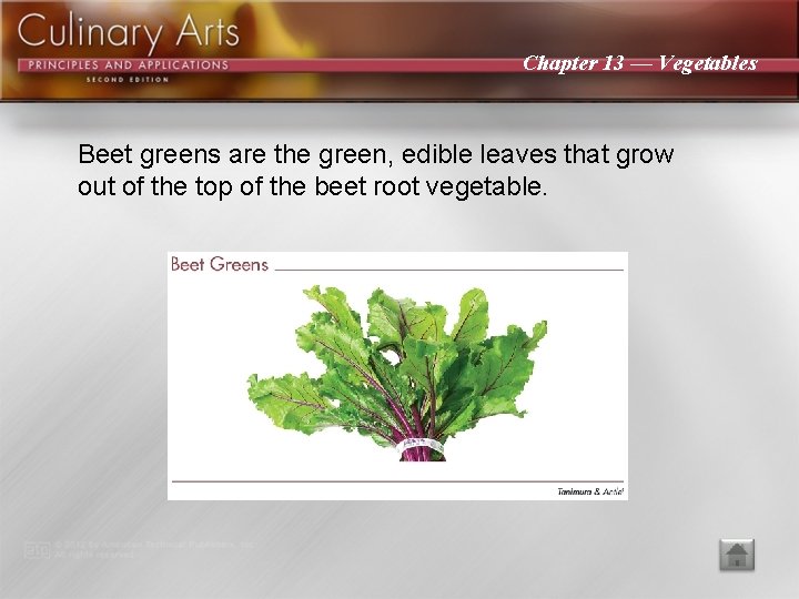 Chapter 13 — Vegetables Beet greens are the green, edible leaves that grow out