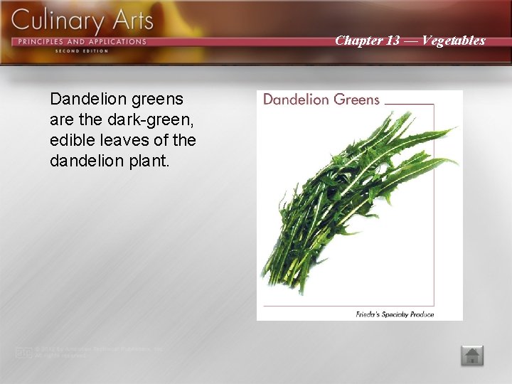 Chapter 13 — Vegetables Dandelion greens are the dark-green, edible leaves of the dandelion
