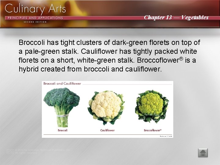 Chapter 13 — Vegetables Broccoli has tight clusters of dark-green florets on top of