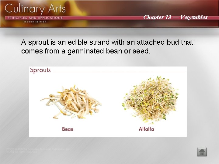 Chapter 13 — Vegetables A sprout is an edible strand with an attached bud