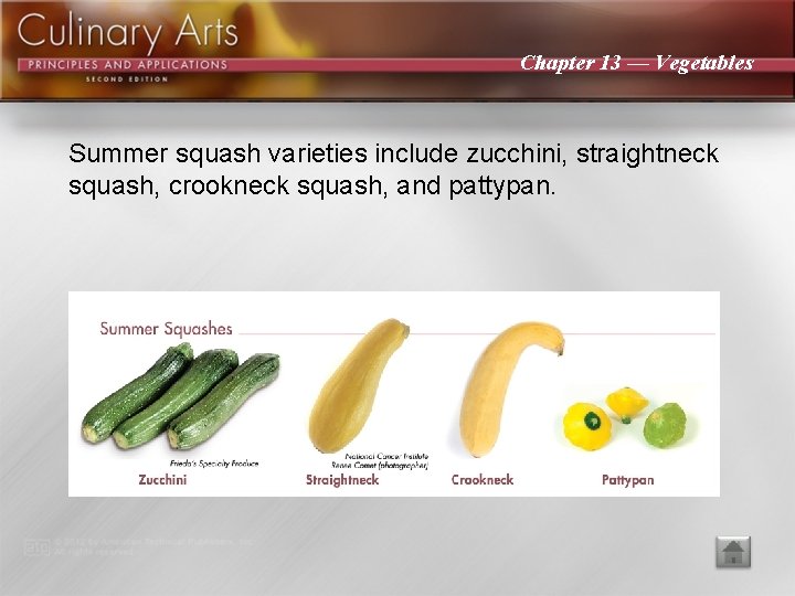 Chapter 13 — Vegetables Summer squash varieties include zucchini, straightneck squash, crookneck squash, and