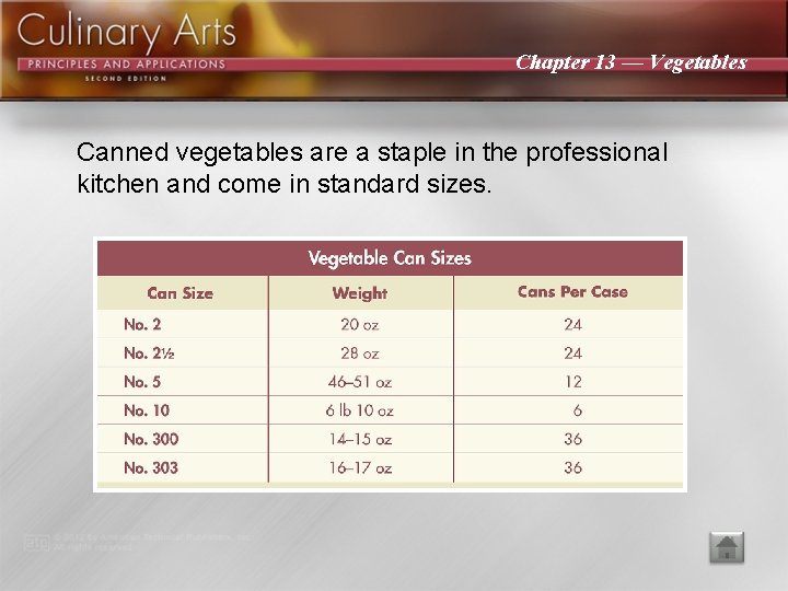 Chapter 13 — Vegetables Canned vegetables are a staple in the professional kitchen and