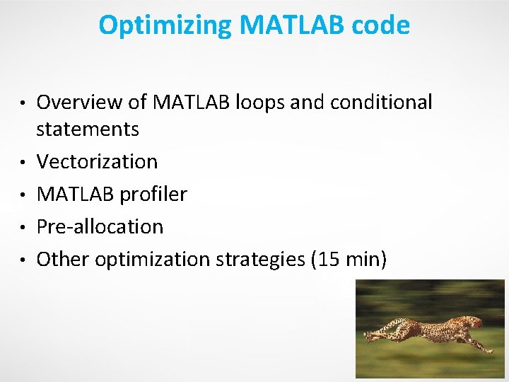 Optimizing MATLAB code • • • Overview of MATLAB loops and conditional statements Vectorization