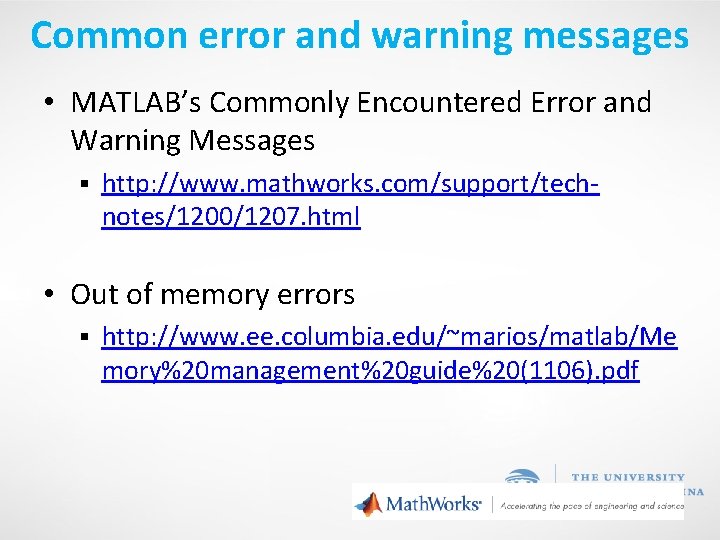 Common error and warning messages • MATLAB’s Commonly Encountered Error and Warning Messages §