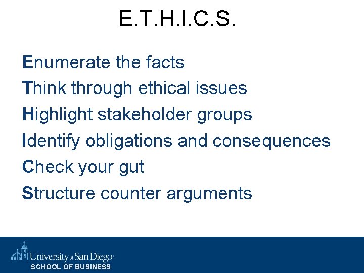 E. T. H. I. C. S. Enumerate the facts Think through ethical issues Highlight