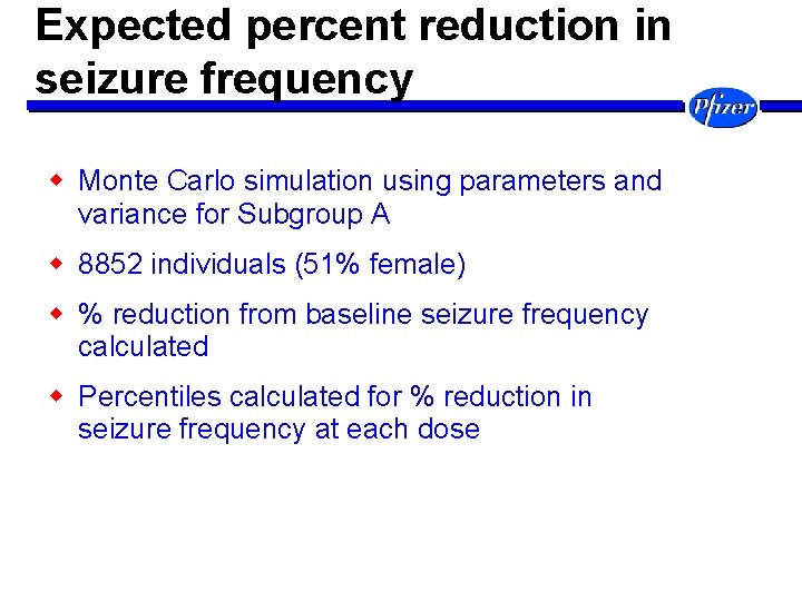 Expected percent reduction in seizure frequency w Monte Carlo simulation using parameters and variance
