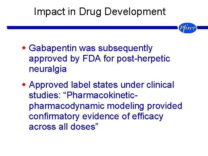 Impact in Drug Development w Gabapentin was subsequently approved by FDA for post-herpetic neuralgia