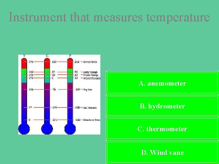 Instrument that measures temperature A. anemometer B. hydrometer C. thermometer D. Wind vane 