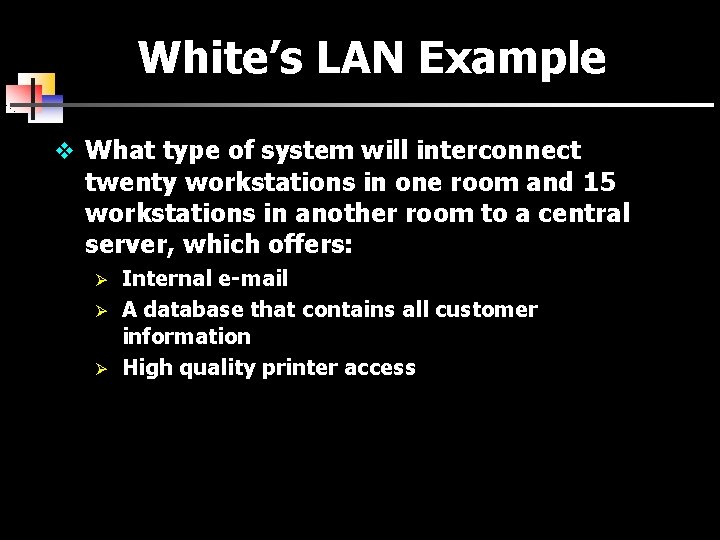 White’s LAN Example v What type of system will interconnect twenty workstations in one