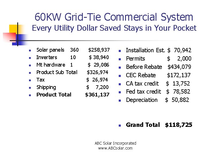 60 KW Grid-Tie Commercial System Every Utility Dollar Saved Stays in Your Pocket n