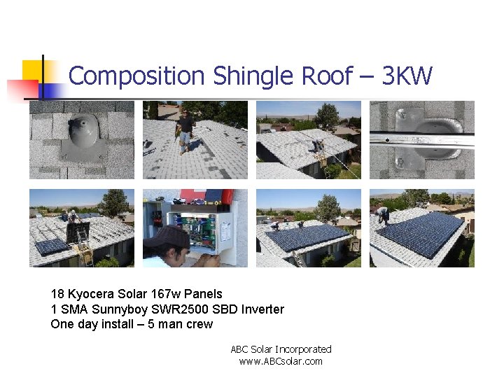 Composition Shingle Roof – 3 KW 18 Kyocera Solar 167 w Panels 1 SMA