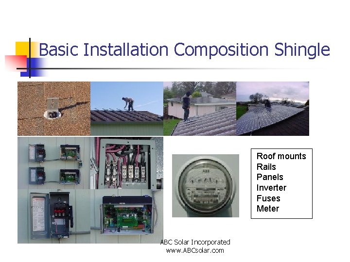 Basic Installation Composition Shingle Roof mounts Rails Panels Inverter Fuses Meter ABC Solar Incorporated