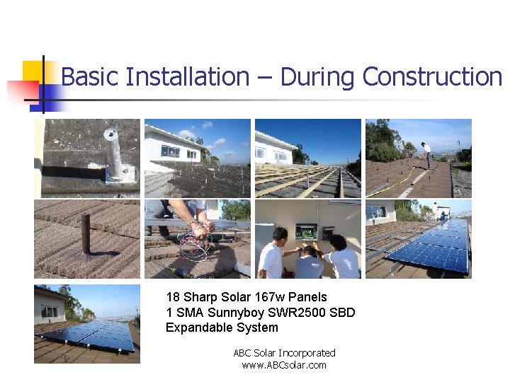 Basic Installation – During Construction 18 Sharp Solar 167 w Panels 1 SMA Sunnyboy