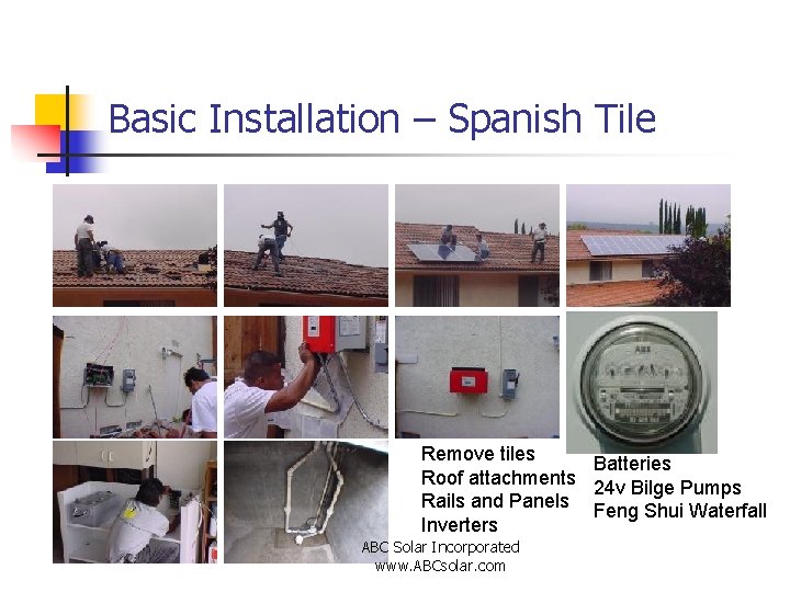 Basic Installation – Spanish Tile Remove tiles Batteries Roof attachments 24 v Bilge Pumps