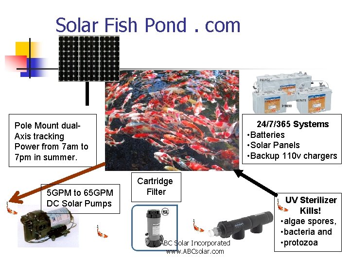 Solar Fish Pond. com 24/7/365 Systems • Batteries • Solar Panels • Backup 110