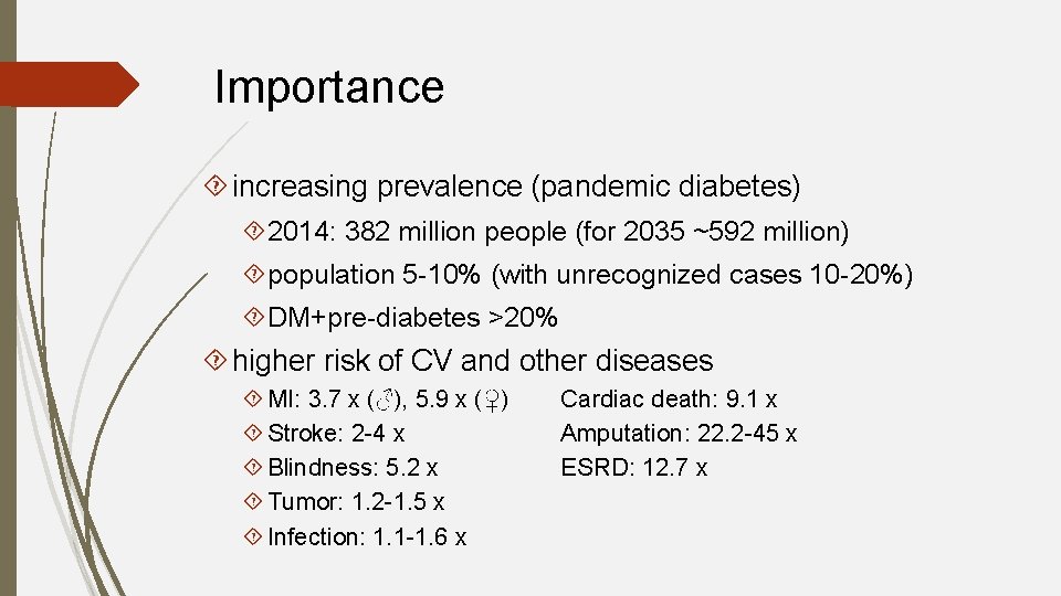 Importance increasing prevalence (pandemic diabetes) 2014: 382 million people (for 2035 ~592 million) population