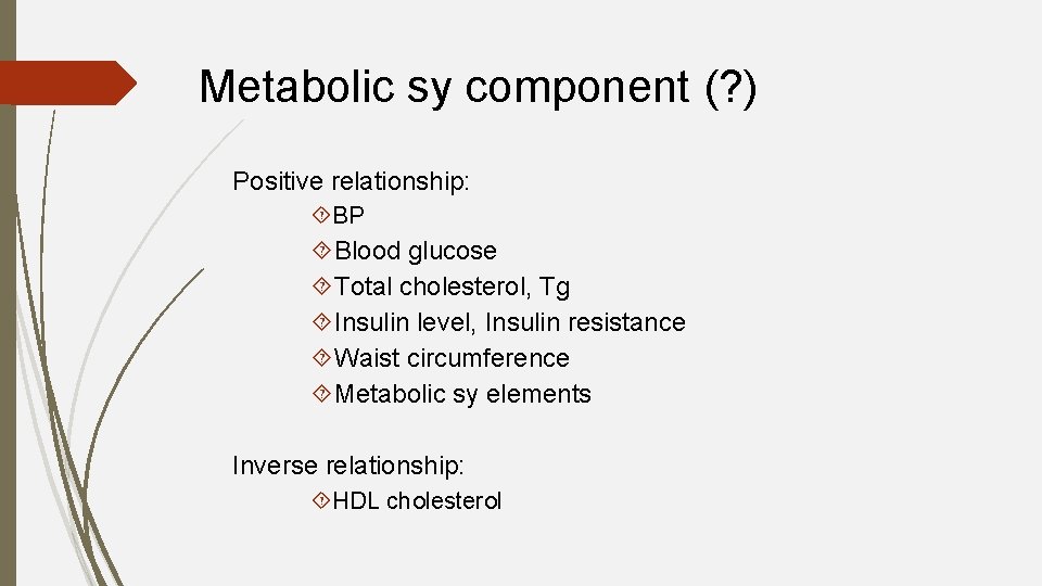 Metabolic sy component (? ) Positive relationship: BP Blood glucose Total cholesterol, Tg Insulin