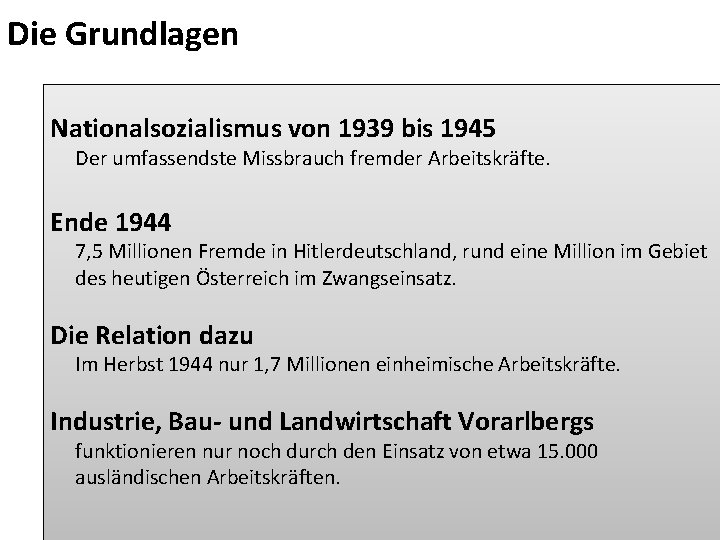 Die Grundlagen Nationalsozialismus von 1939 bis 1945 Der umfassendste Missbrauch fremder Arbeitskräfte. Ende 1944