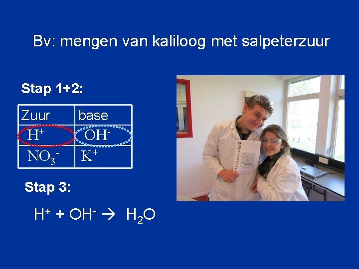 Bv: mengen van kaliloog met salpeterzuur Stap 1+2: Zuur H+ NO 3 - base