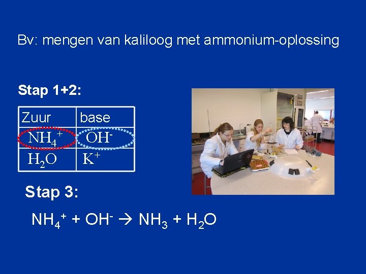 Bv: mengen van kaliloog met ammonium-oplossing Stap 1+2: Zuur NH 4+ H 2 O