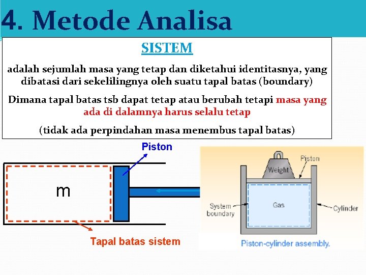 4. Metode Analisa SISTEM adalah sejumlah masa yang tetap dan diketahui identitasnya, yang dibatasi