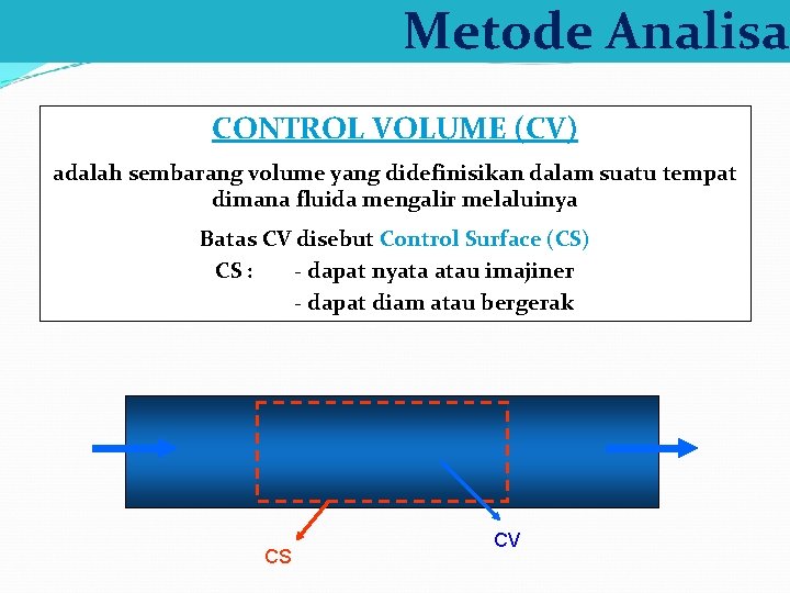 Metode Analisa CONTROL VOLUME (CV) adalah sembarang volume yang didefinisikan dalam suatu tempat dimana
