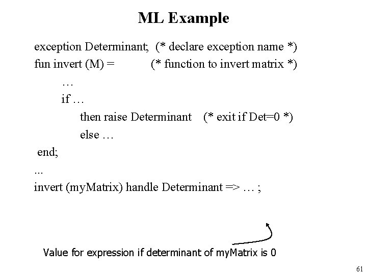 ML Example exception Determinant; (* declare exception name *) fun invert (M) = (*