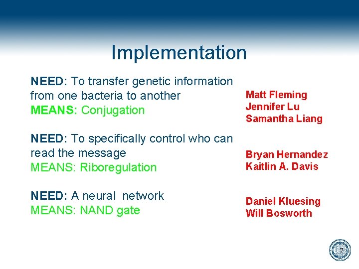 Implementation NEED: To transfer genetic information from one bacteria to another MEANS: Conjugation Matt
