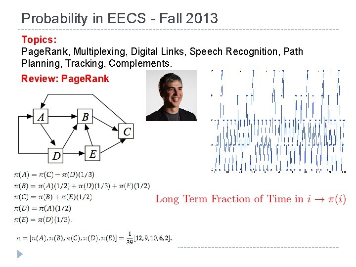 Probability in EECS - Fall 2013 Topics: Page. Rank, Multiplexing, Digital Links, Speech Recognition,