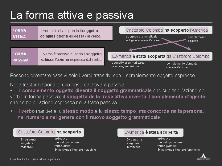 La forma attiva e passiva FORMA ATTIVA FORMA PASSIVA Il verbo è attivo quando