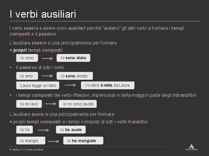I verbi ausiliari I verbi essere e avere sono ausiliari perchè “aiutano” gli altri