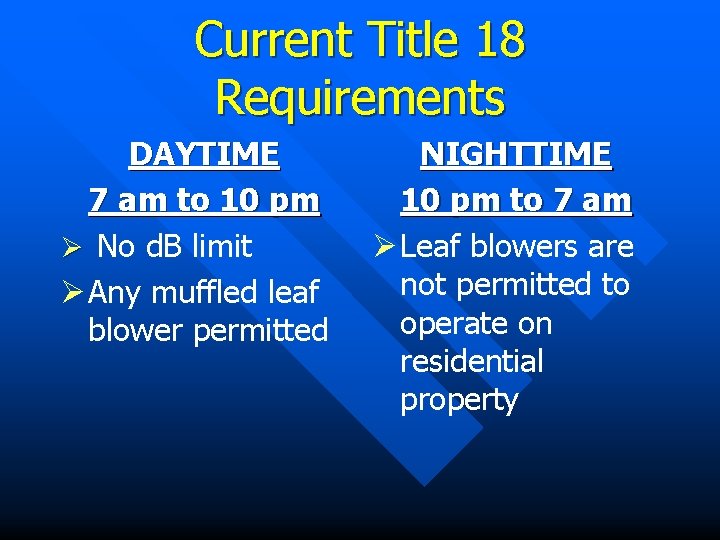 Current Title 18 Requirements DAYTIME 7 am to 10 pm Ø No d. B