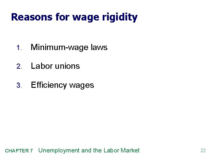 Reasons for wage rigidity 1. Minimum-wage laws 2. Labor unions 3. Efficiency wages CHAPTER