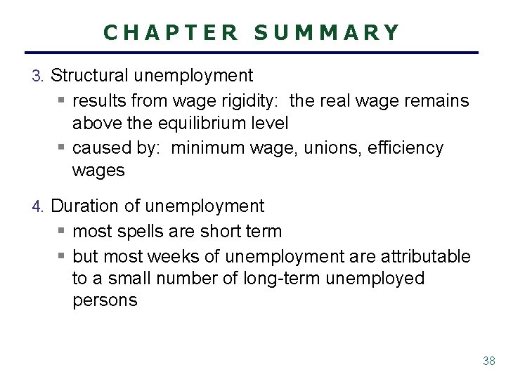 CHAPTER SUMMARY 3. Structural unemployment § results from wage rigidity: the real wage remains