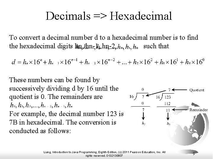 Decimals => Hexadecimal To convert a decimal number d to a hexadecimal number is