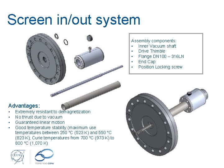 Screen in/out system Assembly components: • Inner Vacuum shaft • Drive Thimble • Flange
