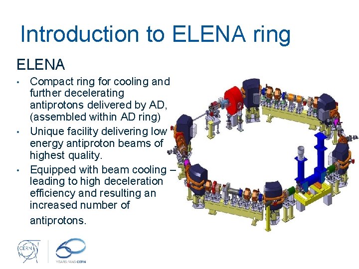 Introduction to ELENA ring ELENA Compact ring for cooling and further decelerating antiprotons delivered