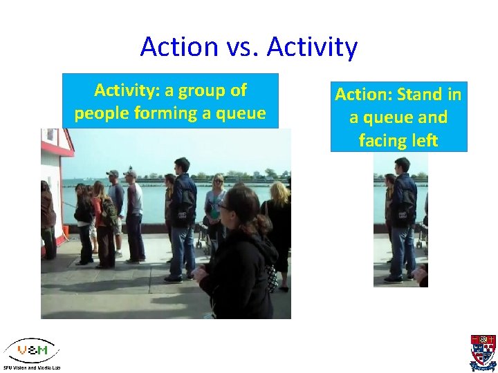 Action vs. Activity: a group of people forming a queue Action: Stand in a