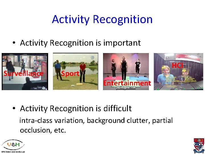 Activity Recognition • Activity Recognition is important Surveillance Sport HCI Entertainment • Activity Recognition