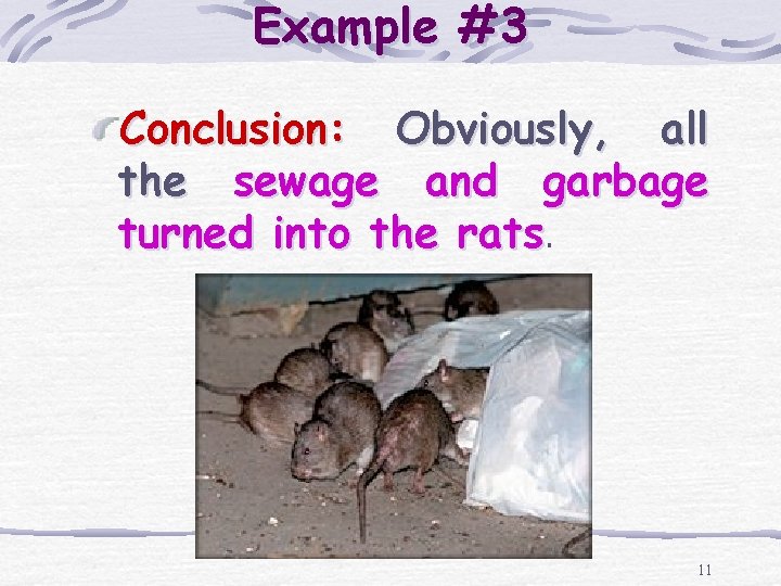 Example #3 Conclusion: Obviously, all the sewage and garbage turned into the rats. 11