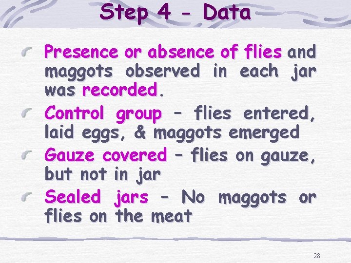 Step 4 - Data Presence or absence of flies and maggots observed in each