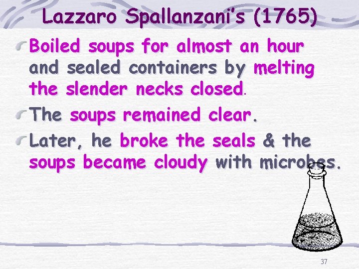 Lazzaro Spallanzani’s (1765) Boiled soups for almost an hour and sealed containers by melting