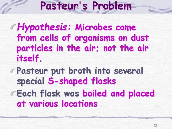 Pasteur's Problem Hypothesis: Microbes come from cells of organisms on dust particles in the