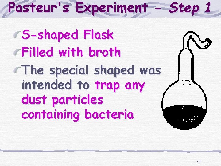 Pasteur's Experiment - Step 1 S-shaped Flask Filled with broth The special shaped was