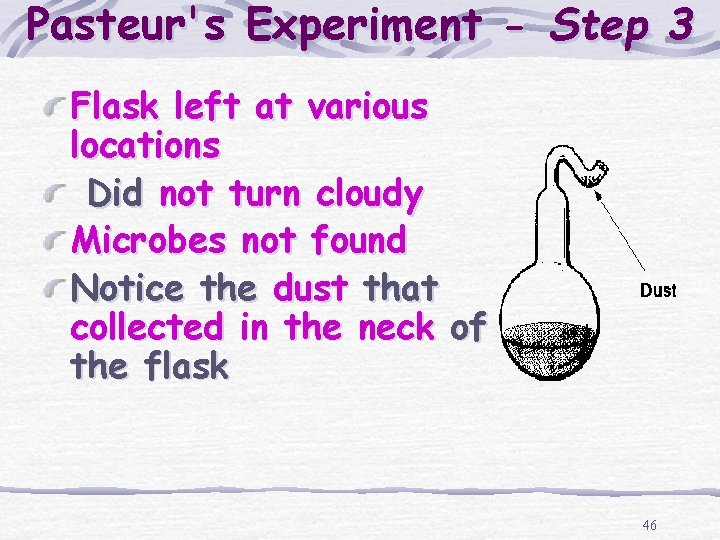 Pasteur's Experiment - Step 3 Flask left at various locations Did not turn cloudy