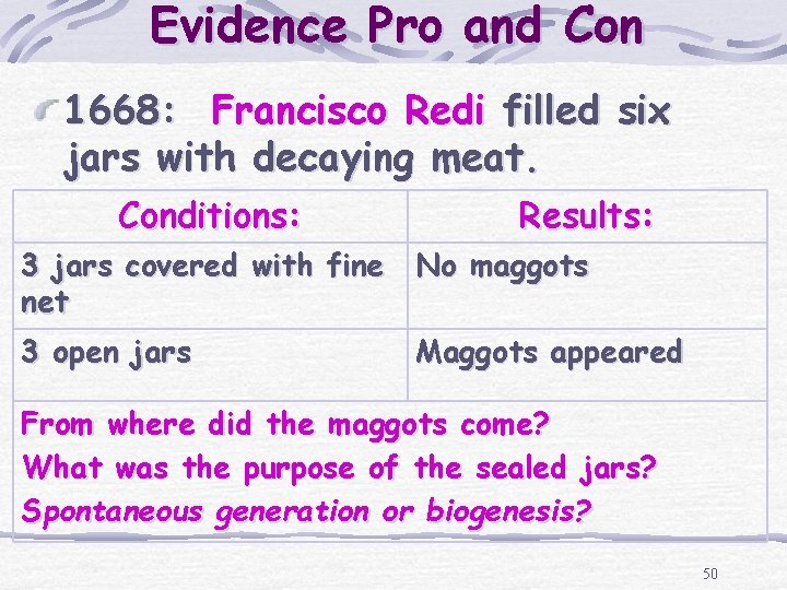 Evidence Pro and Con 1668: Francisco Redi filled six jars with decaying meat. Conditions: