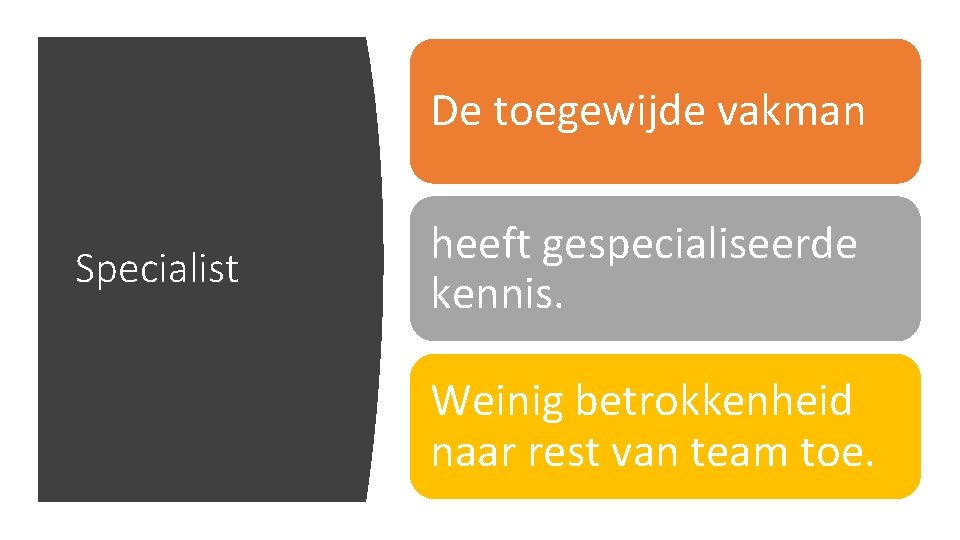 De toegewijde vakman Specialist heeft gespecialiseerde kennis. Weinig betrokkenheid naar rest van team toe.