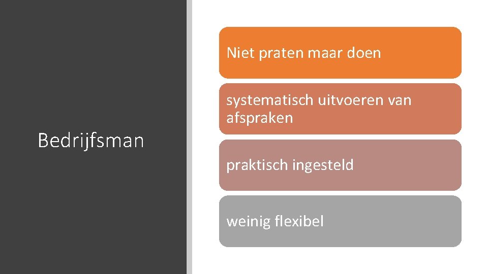 Niet praten maar doen Bedrijfsman systematisch uitvoeren van afspraken praktisch ingesteld weinig flexibel 