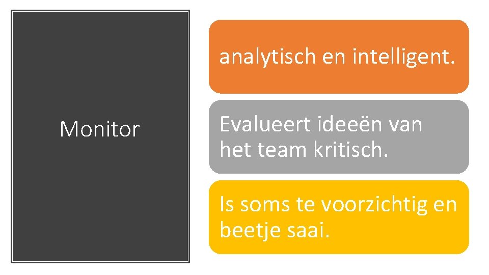 analytisch en intelligent. Monitor Evalueert ideeën van het team kritisch. Is soms te voorzichtig