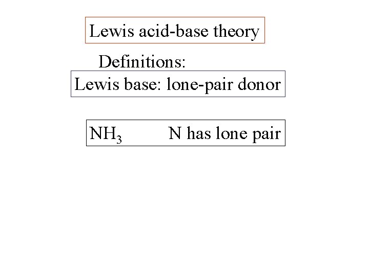 Lewis acid-base theory Definitions: Lewis base: lone-pair donor NH 3 N has lone pair